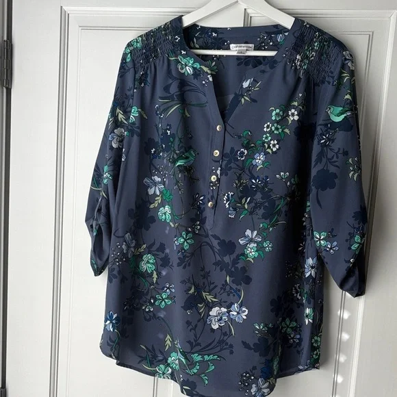 Croft & Barrow Navy Floral Blouse size large Y2K - Picture 1 of 5
